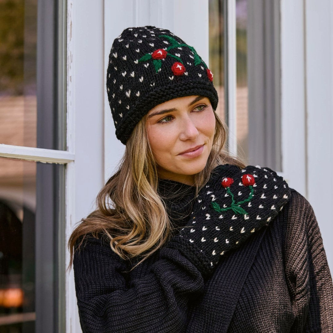 NEW BY MANY HANDS cherries noir knit beanie in black Cherries Noir Knit Beanie – By Many Hands main image 4