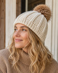 Brecken Ribbed Knit Pom Beanie - Ecru