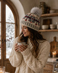 Fair Isle Snowflake Embroidered Knit Pom Beanie - Gray