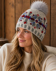 Fair Isle Snowflake Embroidered Knit Pom Beanie - Gray