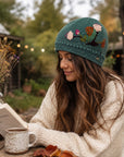 Floral Embroidered Knit Beanie - Blue Sage