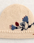 Floral Embroidered Knit Beanie - Ecru
