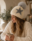 Star Embroidered Knit Pom Beanie - Ecru