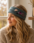 Floral Embroidered Knit Headband - Blue Sage