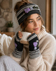 Color Block Embroidered Knit Fingerless Gloves - Slate