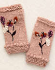 Floral Embroidered Knit Handwarmers - Tan Rose