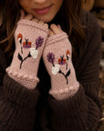 Floral Embroidered Knit Handwarmers - Tan Rose
