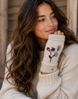 Floral Embroidered Knit Handwarmers - Ecru