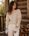 Floral Embroidered Knit Handwarmers - Ecru