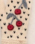 Cherries Embroidered Knit Mittens - Ecru