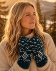 Alpine Fair Isle Embroidered Knit Mittens - Teal