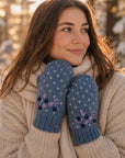 Blueberries Embroidered Knit Mittens - Slate