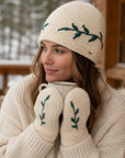 Winter Vine Embroidered Knit Beanie - Ecru