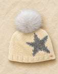 Star Embroidered Knit Pom Beanie - Ecru