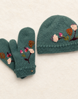 Floral Embroidered Knit Mittens - Blue Sage