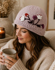 Floral Embroidered Knit Beanie - Tan Rose