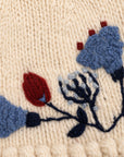 Floral Embroidered Knit Beanie - Ecru
