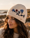 Floral Embroidered Knit Beanie - Ecru