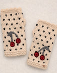 Cherries Embroidered Knit Fingerless Gloves - Ecru