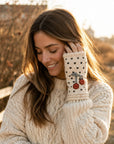 Cherries Embroidered Knit Fingerless Gloves - Ecru