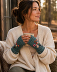 Floral Embroidered Knit Handwarmers - Blue Sage