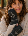 Winter Trees Embroidered Knit Fingerless Gloves - Charcoal