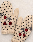 Cherries Embroidered Knit Mittens - Ecru