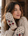 Cherries Embroidered Knit Mittens - Ecru