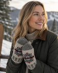 Fair Isle Snowflake Embroidered Knit Mittens - Gray