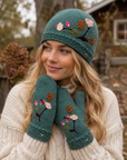 Floral Embroidered Knit Mittens - Blue Sage