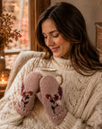 Floral Embroidered Knit Mittens - Tan Rose