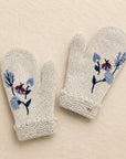 Floral Embroidered Knit Mittens - Ecru