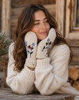 Floral Embroidered Knit Mittens - Ecru