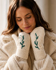 Winter Vine Embroidered Knit Mittens - Ecru