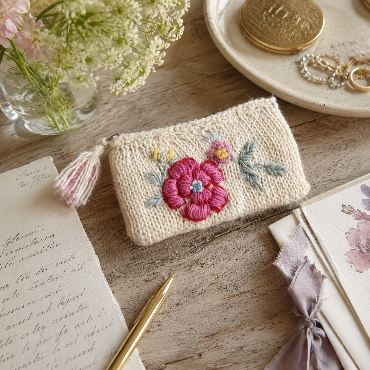 Floral Knit Jewelry Pouch - Ecru