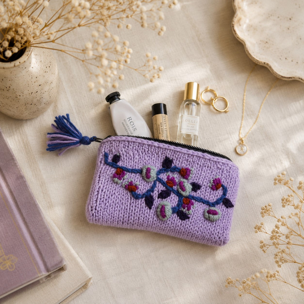 Blossom Knit Jewelry Pouch - Lavender
