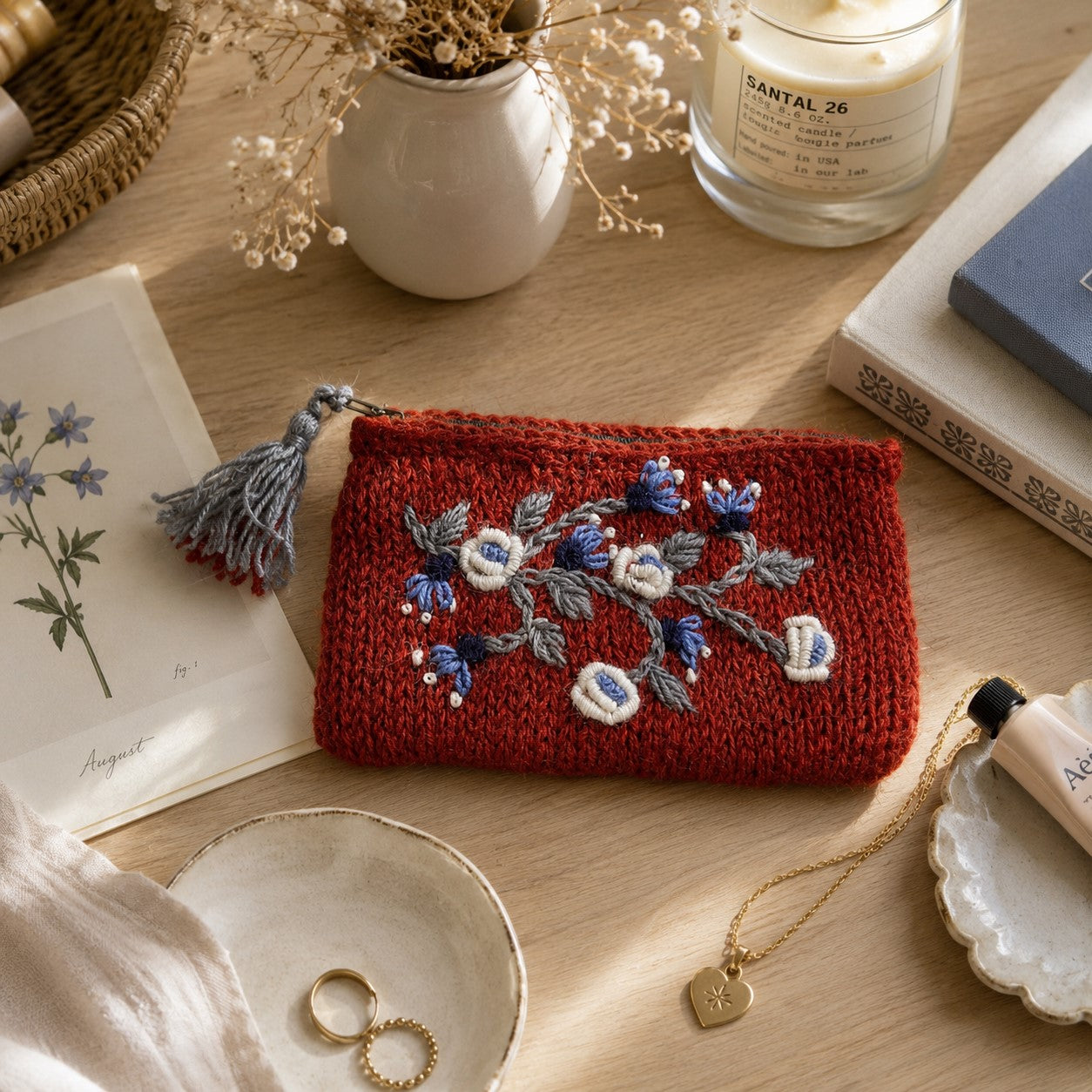 Blossom Wool Jewelry Pouch - Brick